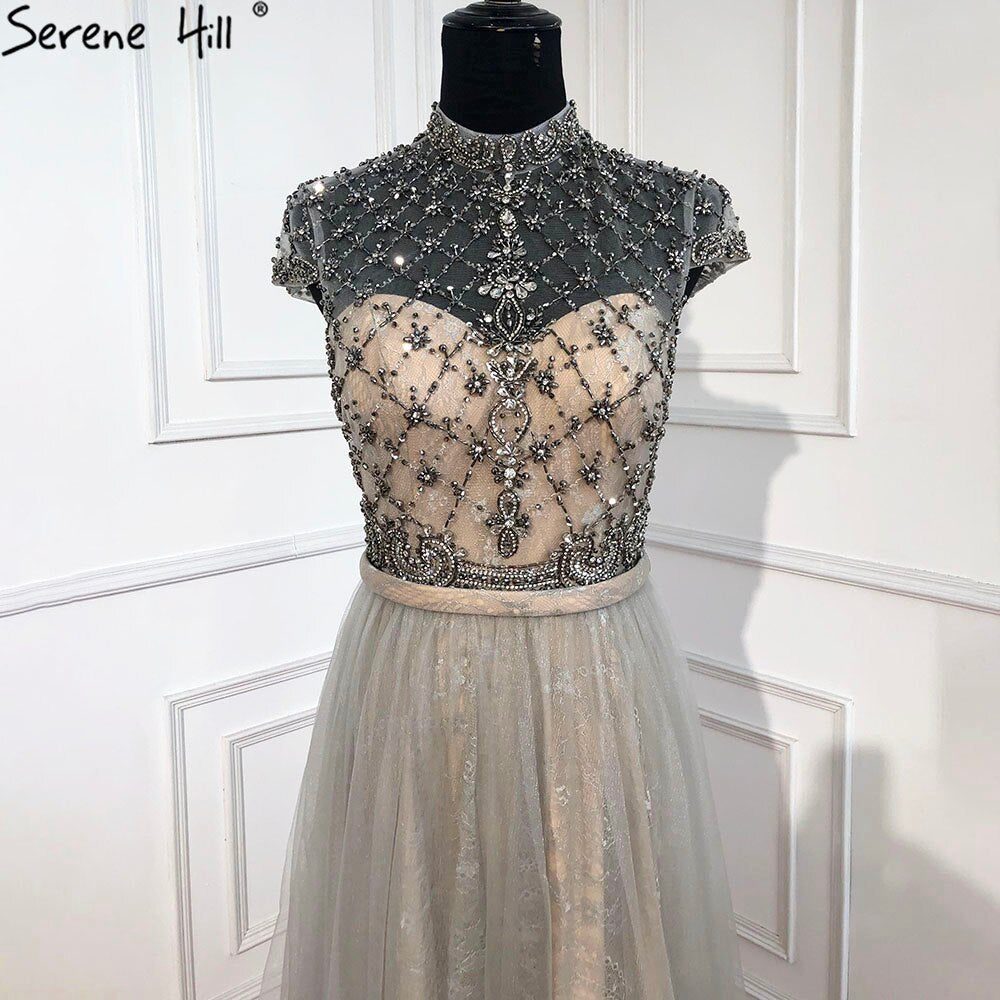 Vestido de noche sexy de alta gama en gris de Dubái, escote redondo, sin mangas, corte A, con cuentas de diamantes, vestido formal, foto real LA70142