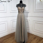 Vestido de noche sexy de alta gama en gris de Dubái, escote redondo, sin mangas, corte A, con cuentas de diamantes, vestido formal, foto real LA70142