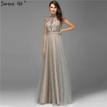 Vestido de noche sexy de alta gama en gris de Dubái, escote redondo, sin mangas, corte A, con cuentas de diamantes, vestido formal, foto real LA70142