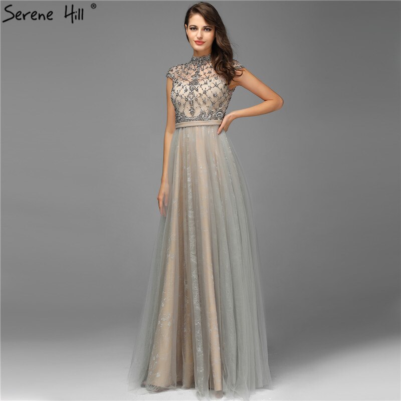 Vestido de noche sexy de alta gama en gris de Dubái, escote redondo, sin mangas, corte A, con cuentas de diamantes, vestido formal, foto real LA70142