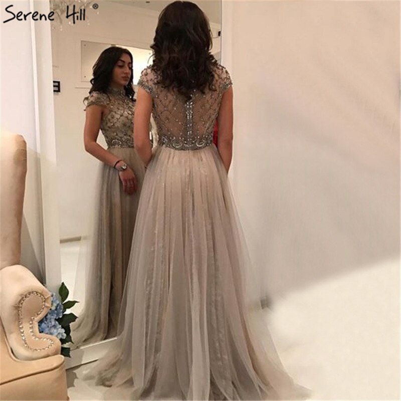 Vestido de noche sexy de alta gama en gris de Dubái, escote redondo, sin mangas, corte A, con cuentas de diamantes, vestido formal, foto real LA70142