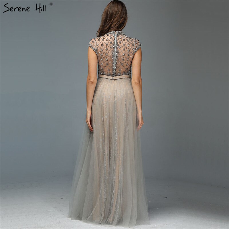 Vestido de noche sexy de alta gama en gris de Dubái, escote redondo, sin mangas, corte A, con cuentas de diamantes, vestido formal, foto real LA70142