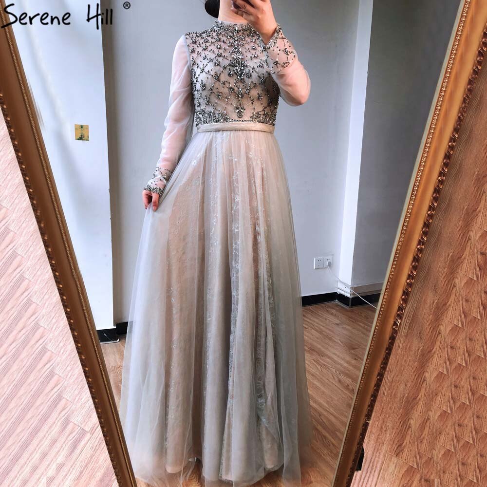 Vestido de noche sexy de alta gama en gris de Dubái, escote redondo, sin mangas, corte A, con cuentas de diamantes, vestido formal, foto real LA70142