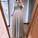 Vestido de noche sexy de alta gama en gris de Dubái, escote redondo, sin mangas, corte A, con cuentas de diamantes, vestido formal, foto real LA70142