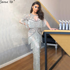 Vestido de noche de lujo con borlas y cuentas en gris de Dubái 2025, corte sirena, manga corta, vestido formal LA70275 
