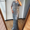 Vestido de noche de lujo con borlas y cuentas en gris de Dubái 2025, corte sirena, manga corta, vestido formal LA70275 