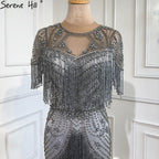 Vestido de noche de lujo con borlas y cuentas en gris de Dubái 2025, corte sirena, manga corta, vestido formal LA70275 