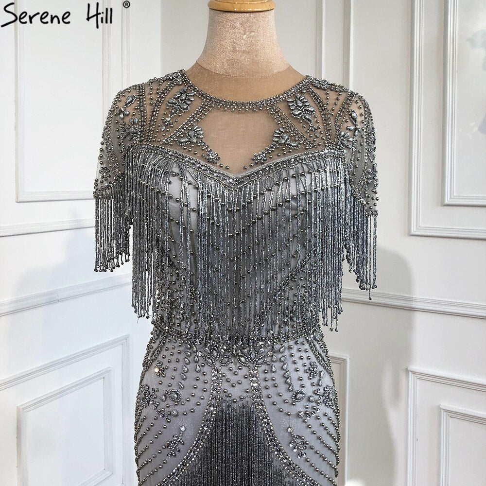 Vestido de noche de lujo con borlas y cuentas en gris de Dubái 2025, corte sirena, manga corta, vestido formal LA70275 