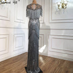 Vestido de noche de lujo con borlas y cuentas en gris de Dubái 2025, corte sirena, manga corta, vestido formal LA70275 