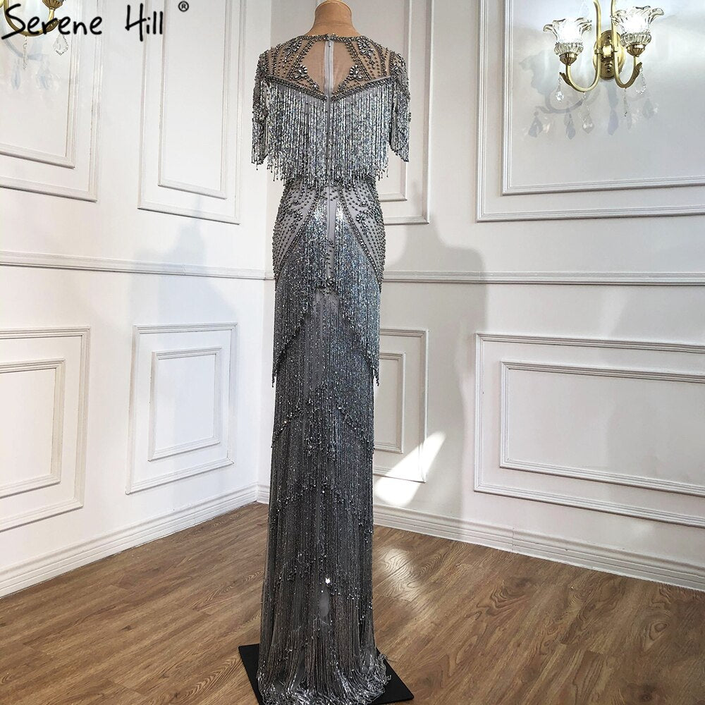 Vestido de noche de lujo con borlas y cuentas en gris de Dubái 2025, corte sirena, manga corta, vestido formal LA70275 