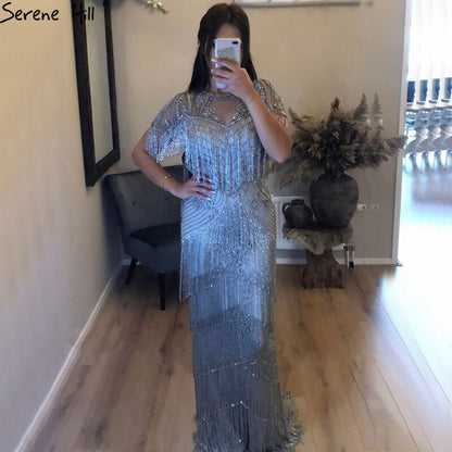 Dubai Grau Luxus Perlen Quaste Abendkleider 2025 Meerjungfrau Kurzen Ärmeln Formale Kleid LA70275 