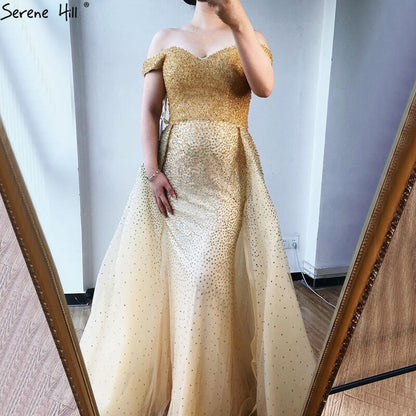 En oferta, sin devolución ni reembolso, vestido de noche de lujo tipo sirena gris de Dubái, sin mangas, 2025, vestido formal sexy con hombros descubiertos, diseño LA70602 