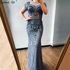 Vestido de noche estilo sirena gris de Dubái con escote redondo, cuentas y diamantes, de lujo, manga corta, formal, 2025, LA70152 