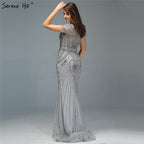 Vestido de noche estilo sirena gris de Dubái con escote redondo, cuentas y diamantes, de lujo, manga corta, formal, 2025, LA70152 