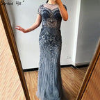 Vestido de noche estilo sirena gris de Dubái con escote redondo, cuentas y diamantes, de lujo, manga corta, formal, 2025, LA70152 