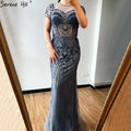 Vestido de noche estilo sirena gris de Dubái con escote redondo, cuentas y diamantes, de lujo, manga corta, formal, 2025, LA70152 
