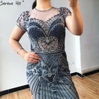 Vestido de noche estilo sirena gris de Dubái con escote redondo, cuentas y diamantes, de lujo, manga corta, formal, 2025, LA70152 