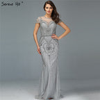 Vestido de noche estilo sirena gris de Dubái con escote redondo, cuentas y diamantes, de lujo, manga corta, formal, 2025, LA70152 