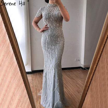 Vestido de noche estilo sirena gris de Dubái, de manga corta, de lujo, con cuentas y brillo, vestido formal 2025 LA70649 