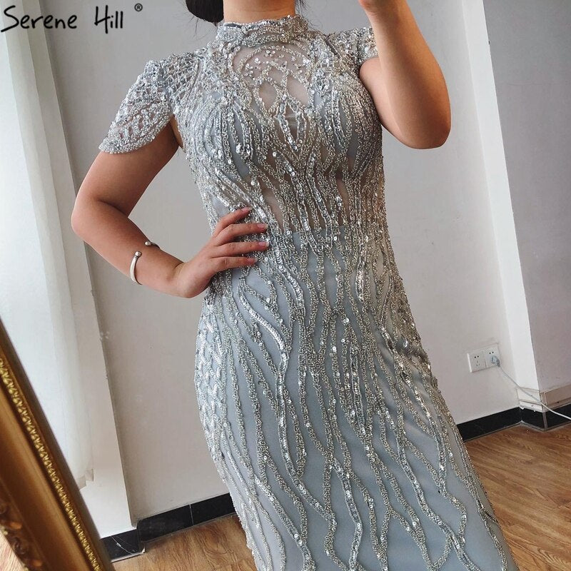 Vestido de noche estilo sirena gris de Dubái, de manga corta, de lujo, con cuentas y brillo, vestido formal 2025 LA70649 