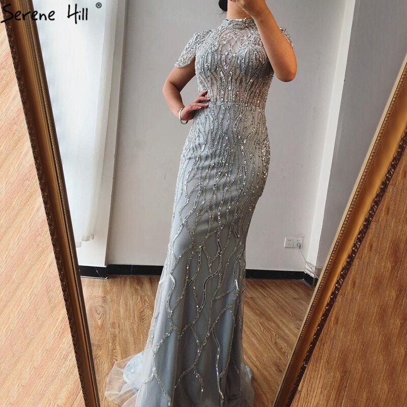 Vestido de noche estilo sirena gris de Dubái, de manga corta, de lujo, con cuentas y brillo, vestido formal 2025 LA70649 