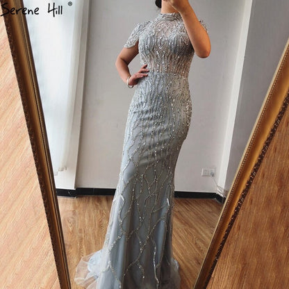 Vestido de noche estilo sirena gris de Dubái, de manga corta, de lujo, con cuentas y brillo, vestido formal 2025 LA70649 