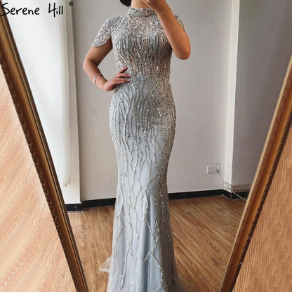 Vestido de noche estilo sirena gris de Dubái, de manga corta, de lujo, con cuentas y brillo, vestido formal 2025 LA70649 