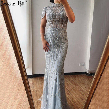 Vestido de noche estilo sirena gris de Dubái, de manga corta, de lujo, con cuentas y brillo, vestido formal 2025 LA70649 