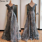 Vestidos de noche sexys de sirena gris de Dubái, sin mangas, con escote en V y cristales, LA70557 