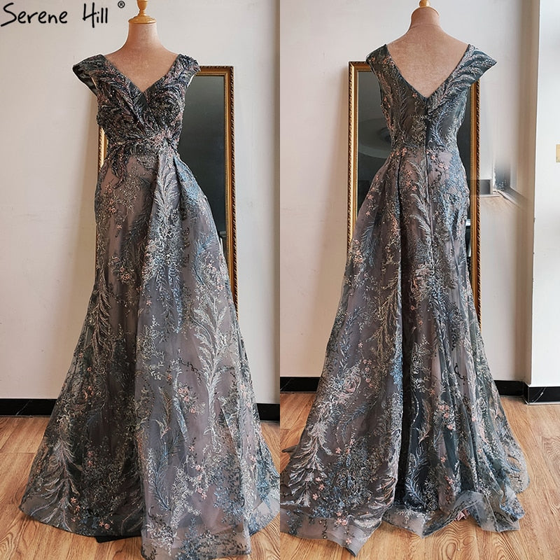 Vestidos de noche sexys de sirena gris de Dubái, sin mangas, con escote en V y cristales, LA70557 