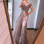Vestidos de noche sexys de sirena gris de Dubái, sin mangas, con escote en V y cristales, LA70557 