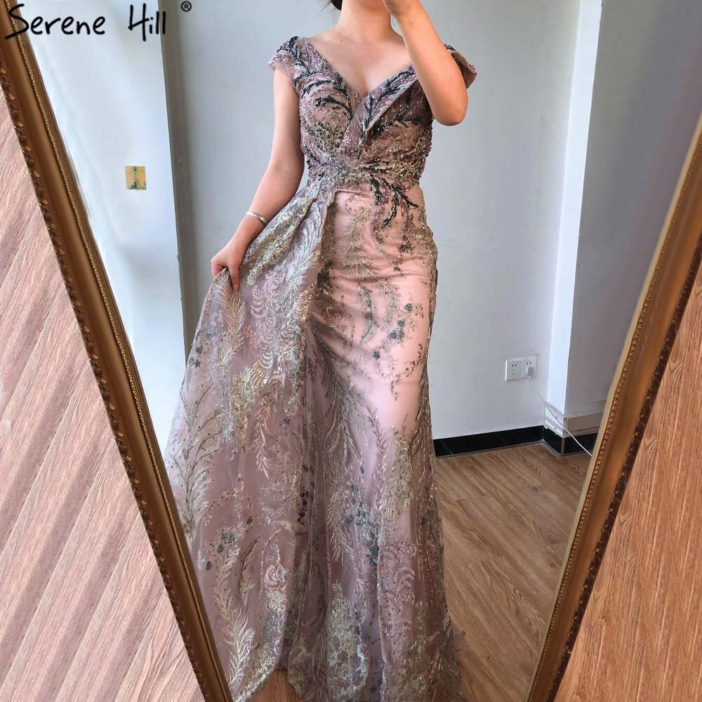 Vestidos de noche sexys de sirena gris de Dubái, sin mangas, con escote en V y cristales, LA70557 