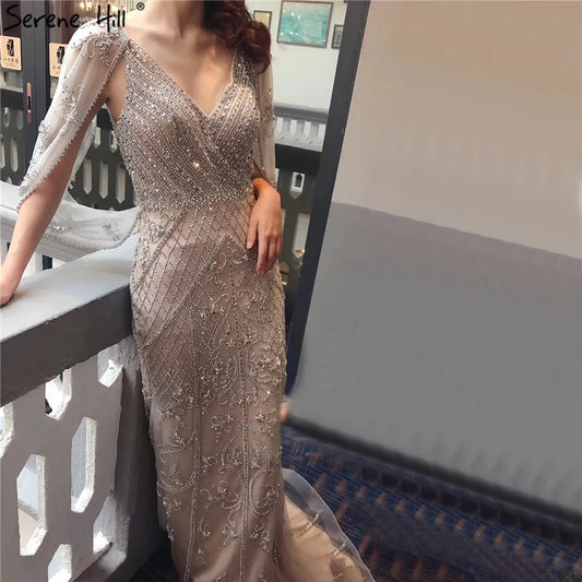 Dubai Grau Nude Sexy Abendkleider 2025 Kristall Ärmelloses Schal Garn Formale LA70382 