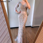 Vestidos de noche sexys color nude gris de Dubái 2025, sin mangas, con cristales, chal de hilo, formales, LA70382 