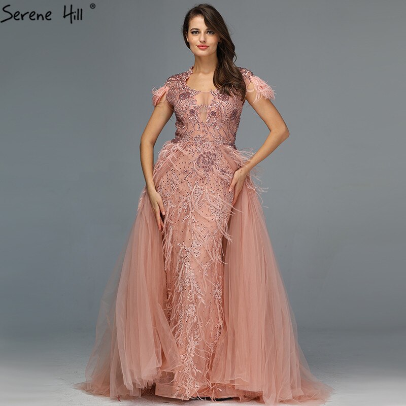 Vestido de noche de tul gris sin mangas de Dubái, diseño 2025, con plumas de cristal, vestido formal de lujo LA70020 
