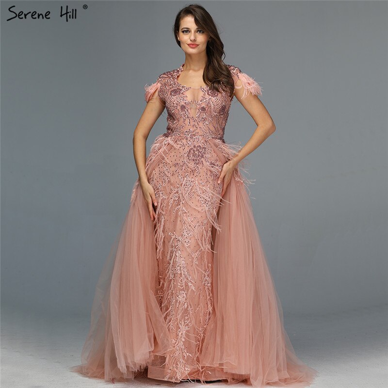 Vestido de noche de tul gris sin mangas de Dubái, diseño 2025, con plumas de cristal, vestido formal de lujo LA70020 