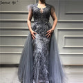Vestido de noche de tul gris sin mangas de Dubái, diseño 2025, con plumas de cristal, vestido formal de lujo LA70020 