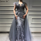 Vestido de noche de tul gris sin mangas de Dubái, diseño 2025, con plumas de cristal, vestido formal de lujo LA70020 