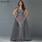 Vestido de noche de tul gris sin mangas de Dubái, diseño 2025, con plumas de cristal, vestido formal de lujo LA70020 