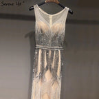 On Sale no return no refundSale Dubai Latest Design Blue Gold Sleeveless Evening Dresses 2025 Beading Sequined Luxury Evening Dress Long Real Photo LA60783