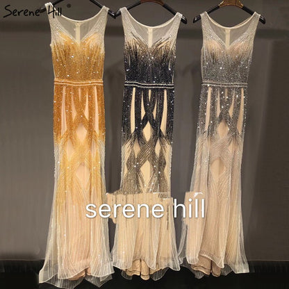 En oferta, sin devolución ni reembolso. Venta en Dubai, último diseño, vestidos de noche azules dorados sin mangas 2025, vestido de noche de lujo con lentejuelas y cuentas, largo, foto real LA60783.