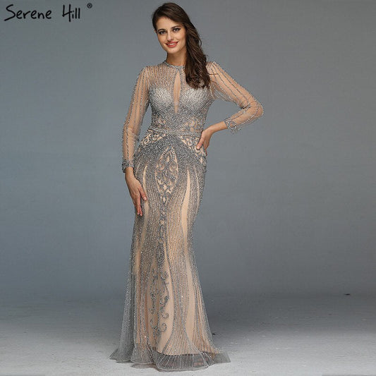 Dubai Lange Ärmel Grau Luxus Abendkleider Oansatz Voller Diamanten Meerjungfrau Formale Kleid 2025 Plus Größe LA70116 