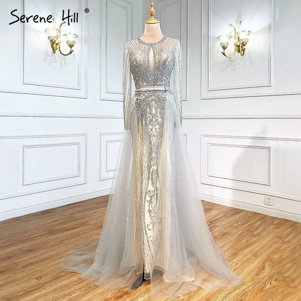 Vestido de noche de lujo de Dubái, gris, con mangas largas y escote redondo, corte sirena, corte diamante, talla grande 2025 LA70116 
