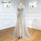 Vestido de noche de lujo de Dubái, gris, con mangas largas y escote redondo, corte sirena, corte diamante, talla grande 2025 LA70116 