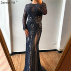 Vestido de noche de lujo de Dubái, gris, con mangas largas y escote redondo, corte sirena, corte diamante, talla grande 2025 LA70116 