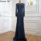 Vestido de noche de lujo de Dubái, gris, con mangas largas y escote redondo, corte sirena, corte diamante, talla grande 2025 LA70116 