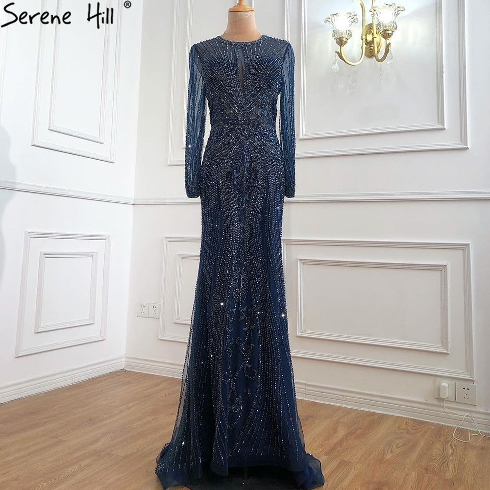 Vestido de noche de lujo de Dubái, gris, con mangas largas y escote redondo, corte sirena, corte diamante, talla grande 2025 LA70116 