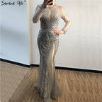 Vestido de noche de lujo de Dubái, gris, con mangas largas y escote redondo, corte sirena, corte diamante, talla grande 2025 LA70116 