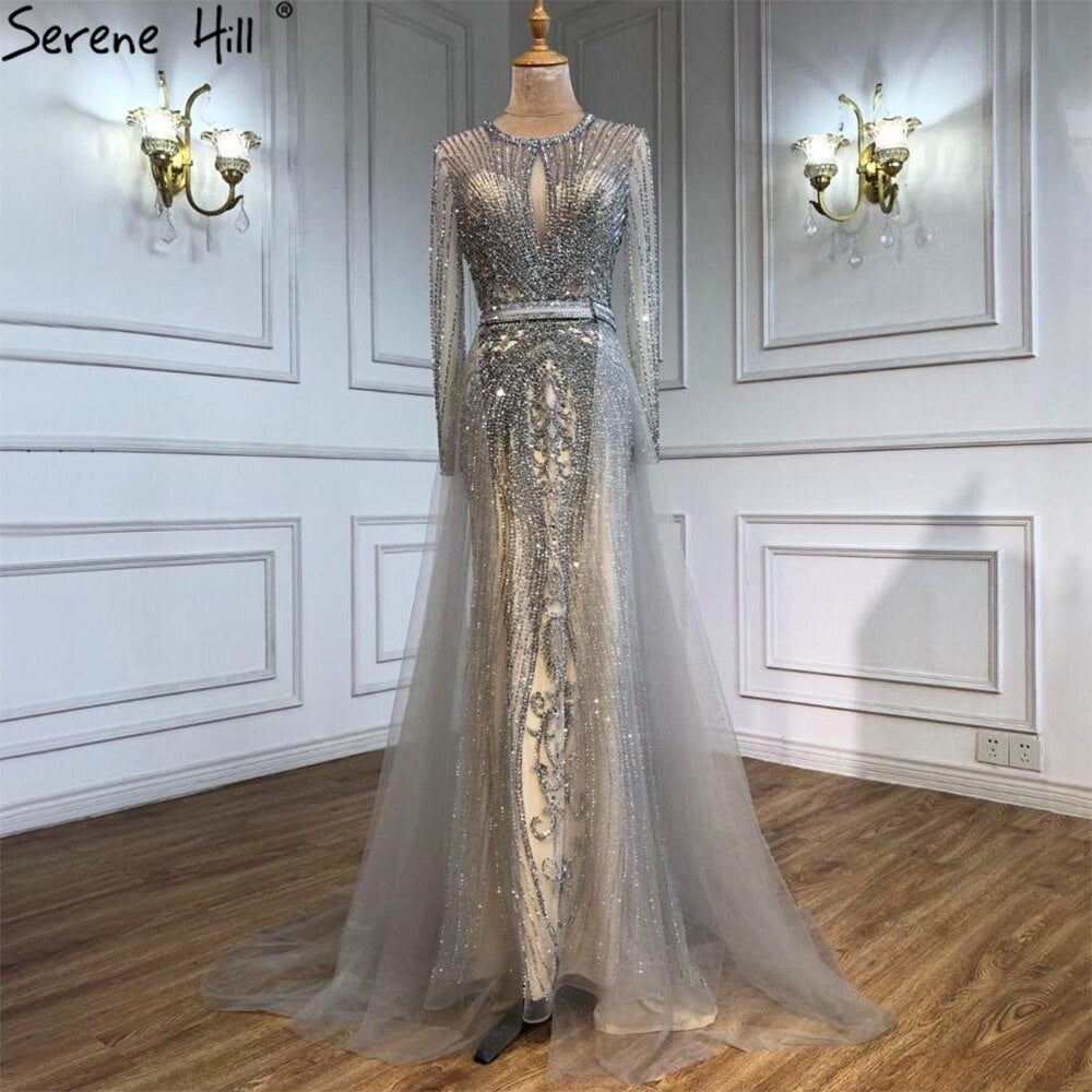 Vestido de noche de lujo de Dubái, gris, con mangas largas y escote redondo, corte sirena, corte diamante, talla grande 2025 LA70116 