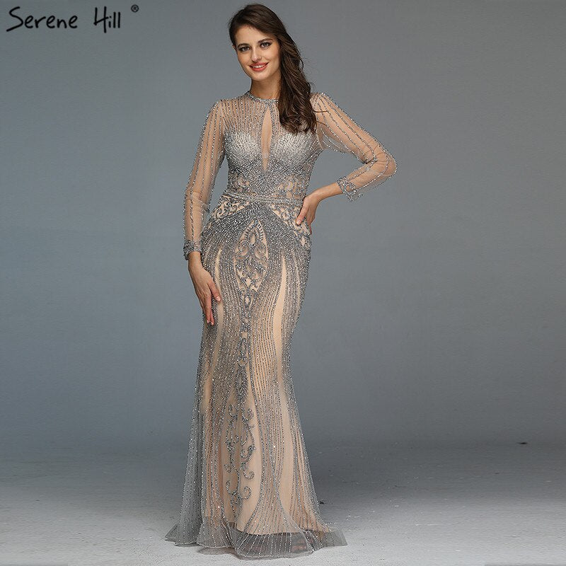 Vestido de noche de lujo de Dubái, gris, con mangas largas y escote redondo, corte sirena, corte diamante, talla grande 2025 LA70116 